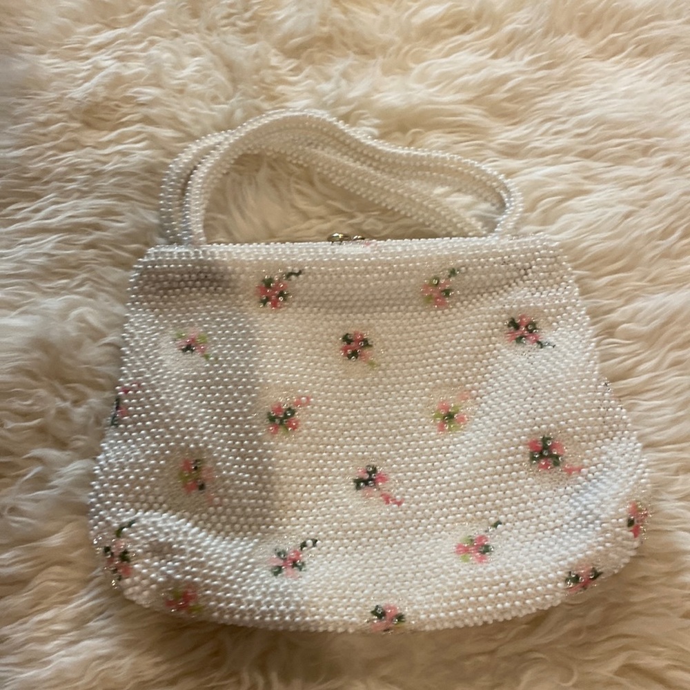 Vintage Beaded Mid-Century Handbag White & Pink Floral Handbag EUC OS